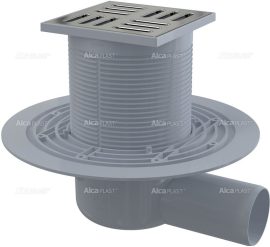 AlcaPLAST APV101 oldalsó kifolyású padlólefolyó réz-króm tetővel, 105×105/50 mm, vízszintes rozsdamentes ráccsal,vizes bűzzárral, 8594045930368