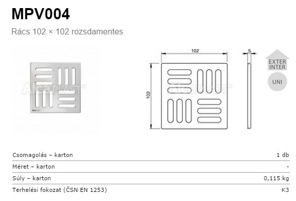 AlcaPLAST MPV004 rozsdamentes padlóösszefolyó rács, 102 × 10