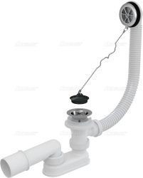 Alca / AlcaDRAIN / AlcaPLAST A501 Kádszifon lánctartószemes, dugóval / kád le- és túlfolyó komplett, krómozott (hossz 570mm), 8594045937855