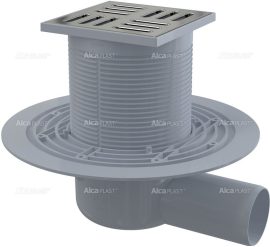 Alca / AlcaDRAIN / AlcaPLAST APV101 oldalsó kifolyású padlólefolyó réz-króm tetővel, 105×105/50 mm, vízszintes rozsdamentes ráccsal,vizes bűzzárral, 8594045930368