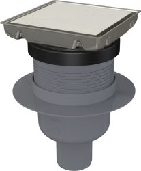 Padlóösszefolyó 130×130 mm függőleges, rozsdamentes rács, vizes bűzzár, APV240