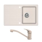   EVIDO Home 45S komplett szett beépíthető gránit egymedencés + csepegtetős mosogatótálca / 1 medencés + csepptálcás mosogató tálca világos bézs színű + PINGUIN álló konyhai csaptelep, 105546SET