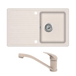 EVIDO Home 45S komplett szett beépíthető gránit egymedencés + csepegtetős mosogatótálca / 1 medencés + csepptálcás mosogató tálca világos bézs színű + PINGUIN álló konyhai csaptelep, 105546SET