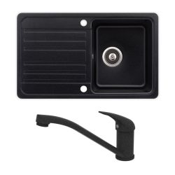EVIDO Home 45S komplett szett beépíthető gránit egymedencés + csepegtetős mosogatótálca / 1 medencés + csepptálcás mosogató tálca sötétszürke színű / antracit + PINGUIN álló konyhai csaptelep, 105548SET