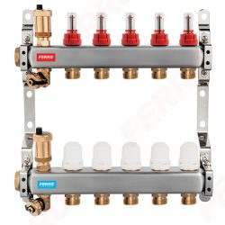 FERRO / NOVASERVIS rozsdamentes áramlásmérős szerelt osztó-gyűjtő 1"-3/4" EURO / eurokónuszos csatlakozós, konzollal, végelemmel komplett automata légtelenítővel + töltő-ürítővel, 12 körös, SN-RZPU12S