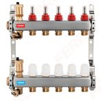   FERRO / NOVASERVIS rozsdamentes áramlásmérős szerelt osztó-gyűjtő 1"-3/4" EURO / eurokónuszos csatlakozós, konzollal, végelemmel komplett: automata légtelenítővel + töltő-ürítővel, 3 körös, SN-RZPU03S